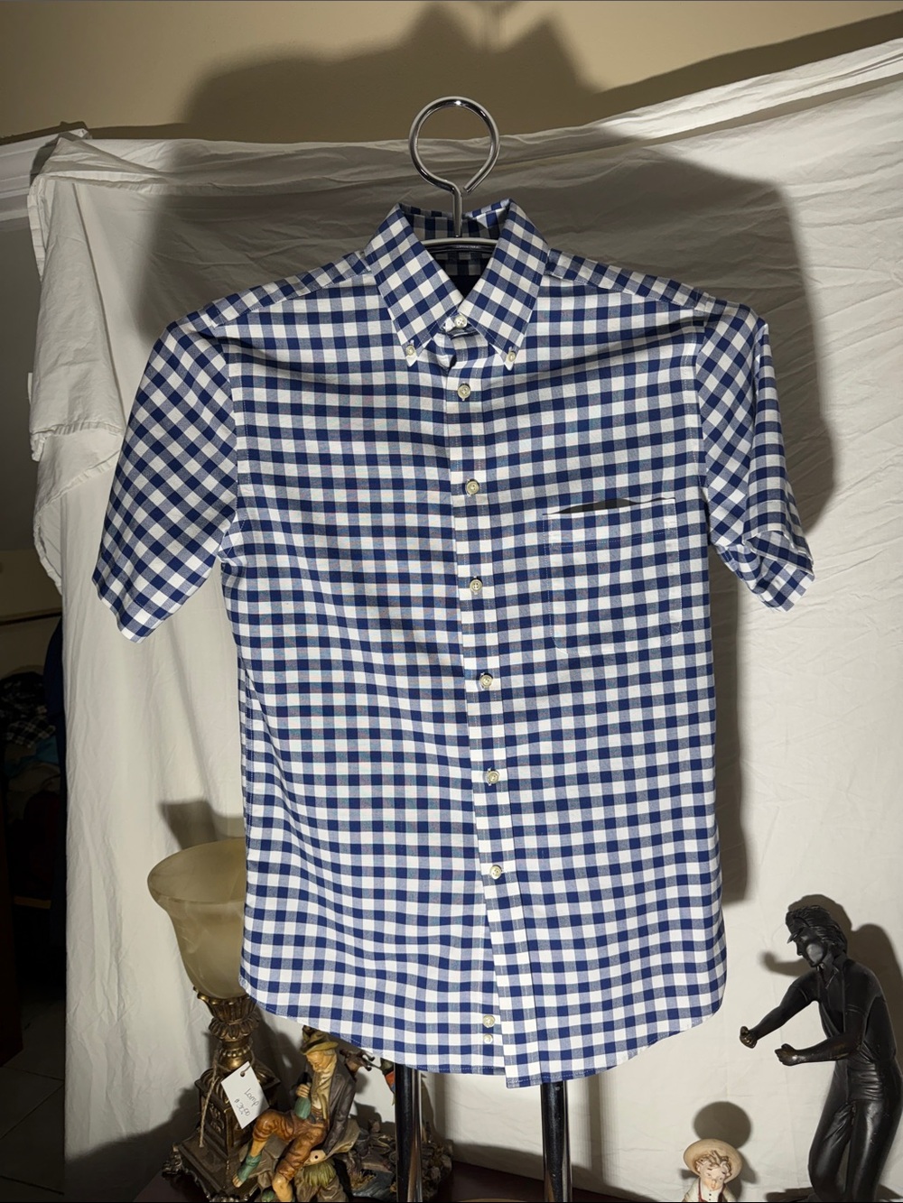 Stafford Blue and White Gingham Short Sleeve Button-Down Shirt